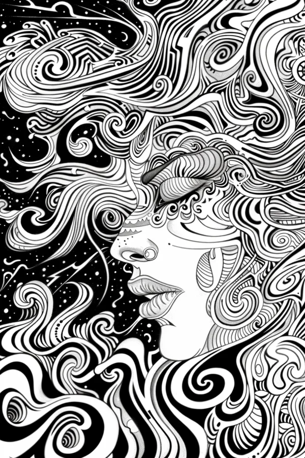 Abstract decorated human profile face, line art style — free printable character theme coloring book page