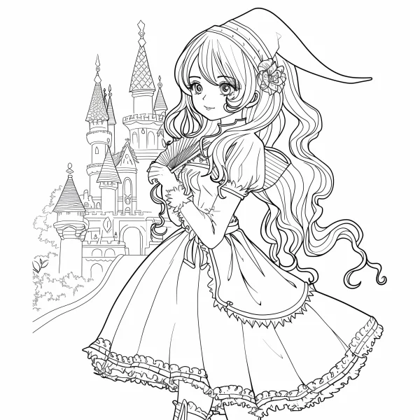 Fairy tale girl in lace dress with pointed hat and flower hair accessory, holding a folding fan — free printable scenes coloring book page