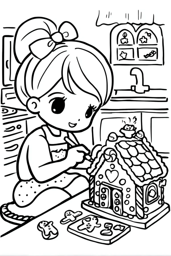 Cute little girl making gingerbread house in kitchen, cartoon style — free printable handmade diy coloring book page