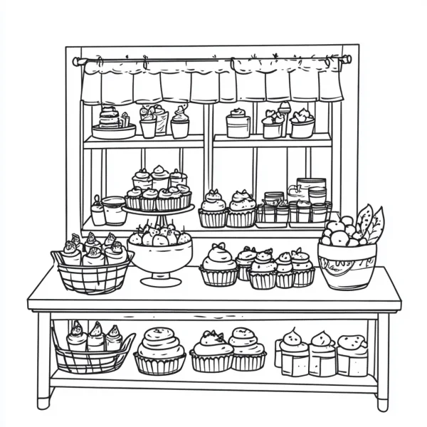 Display stand with various baked desserts and cupcakes, cartoon style — free printable baking coloring book page