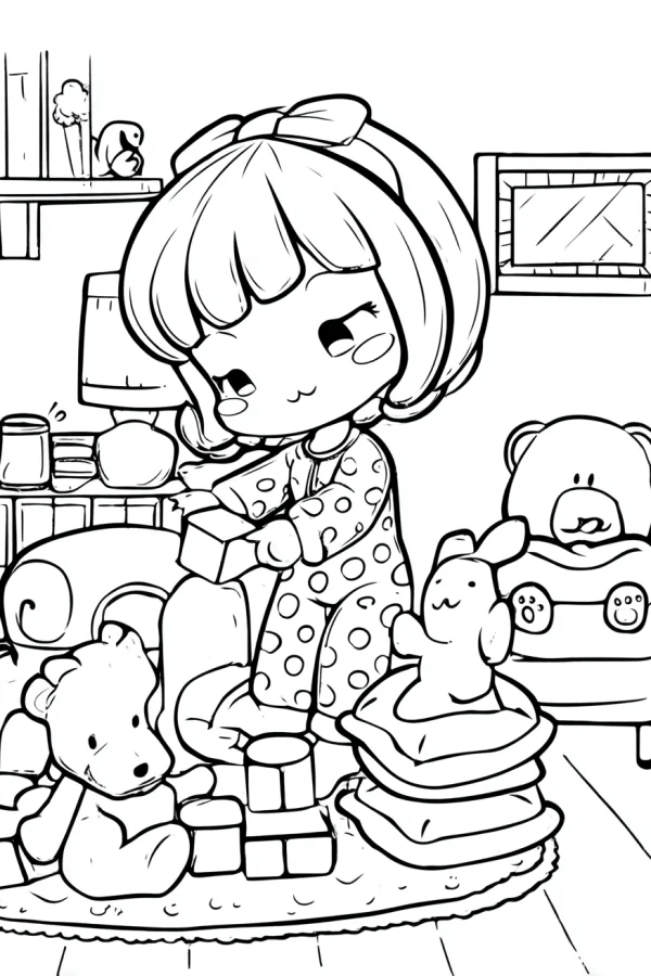 Cute little girl in polka dot pajamas playing with toys, cartoon style — free printable children's life coloring book page