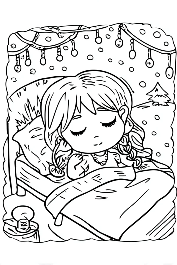 Braided girl sleeping in bed, cartoon style — free printable sleep coloring book page