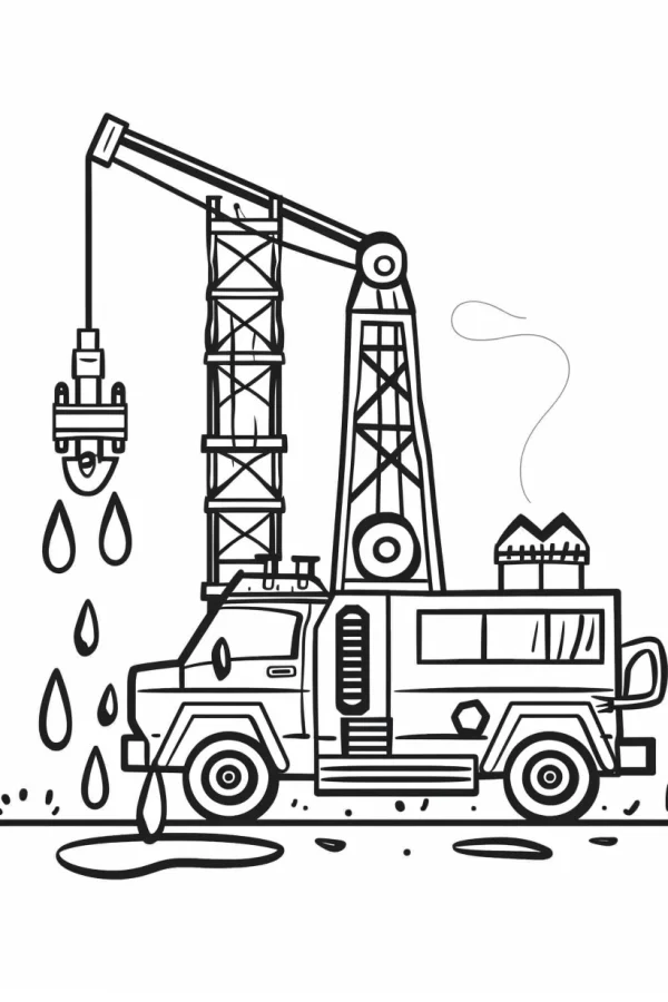 Drilling engineering truck, cartoon style — free printable industrial machinery coloring book page