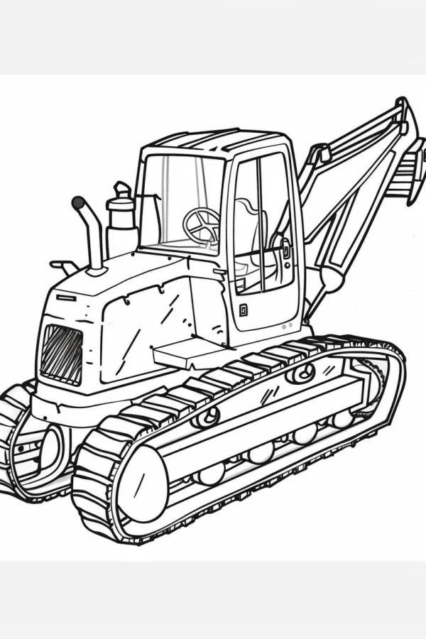 Tracked excavator, cartoon sketch style — free printable engineering tools coloring book page