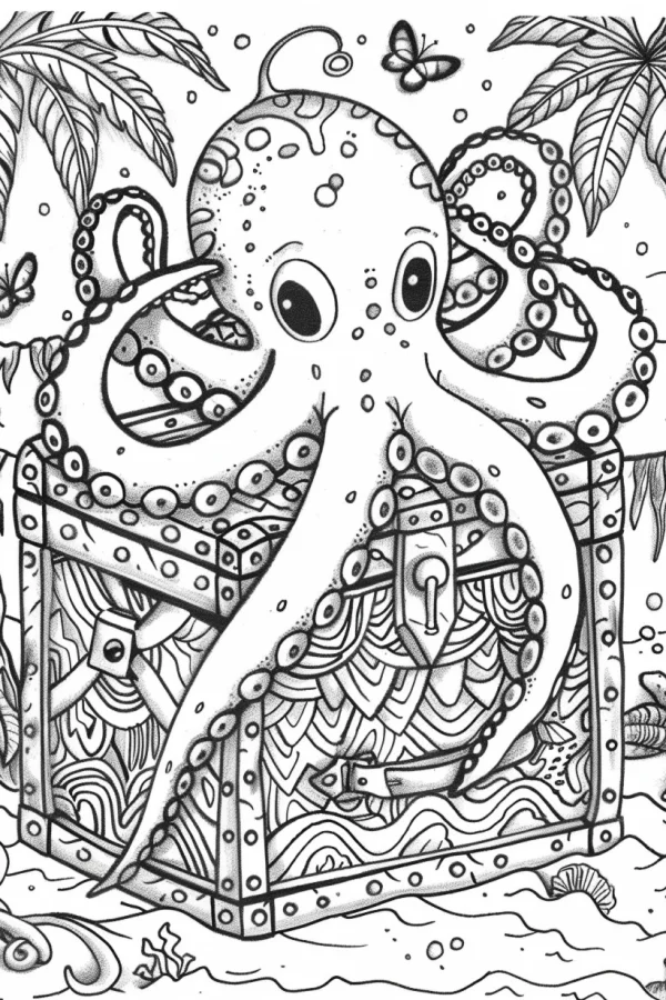 Cute cartoon octopus hugging a treasure chest, tropical beach scene with palm trees — free printable treasure coloring book page