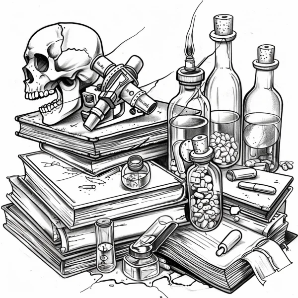 Skull with vintage laboratory equipment stacked on old books, retro horror style — free printable science coloring book page