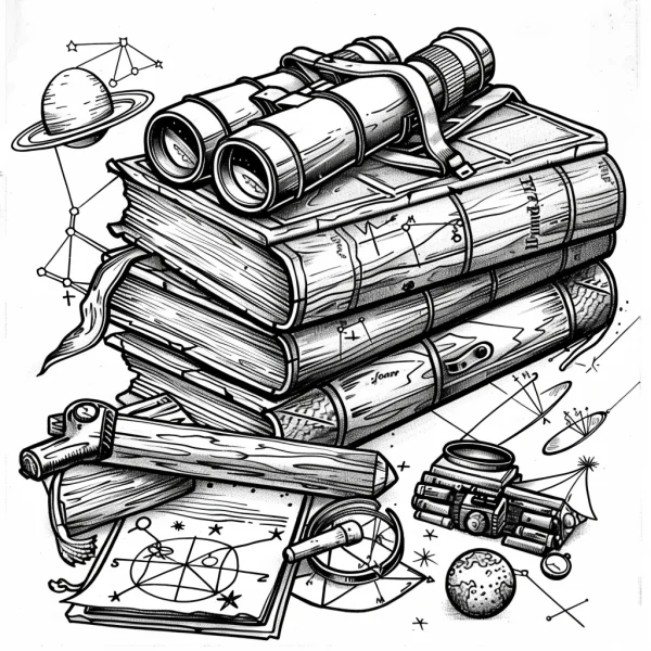 Vintage stacked books with astronomical observation tools including binoculars, star charts — free printable science coloring book page