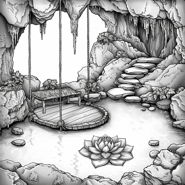Cave grotto with a wooden swing on a circular platform and a lotus in a water pool, realistic sketch style — free printable caves coloring book page