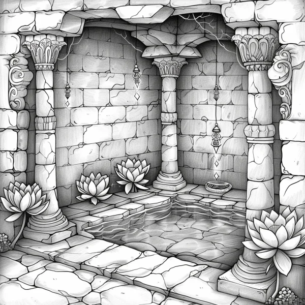 Stone courtyard water feature with lotus flowers, classical style — free printable classical architecture coloring book page