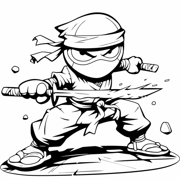 Cartoon ninja holding two katanas, cartoon style — free printable ninja coloring book page