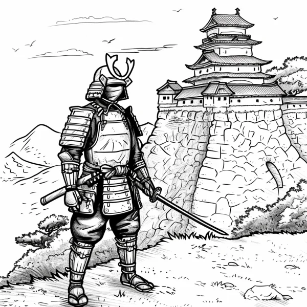 Fully armored samurai standing in front of traditional japanese castle, japanese historical style — free printable history coloring book page