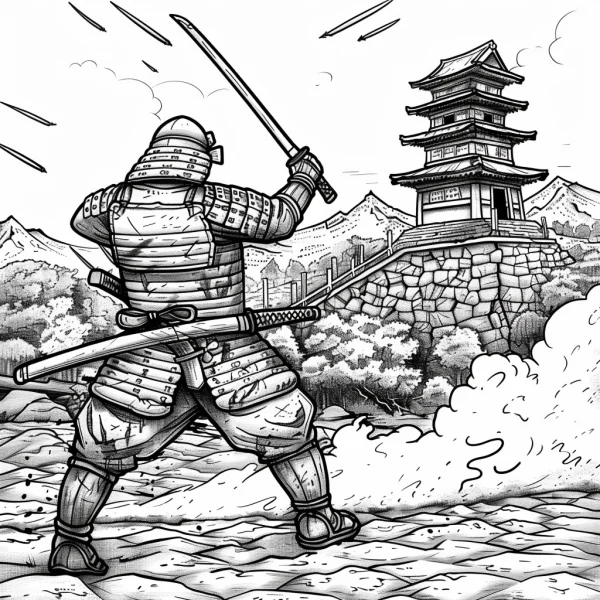 Japanese samurai in armor holding katana, japanese style — free printable historical scene coloring book page