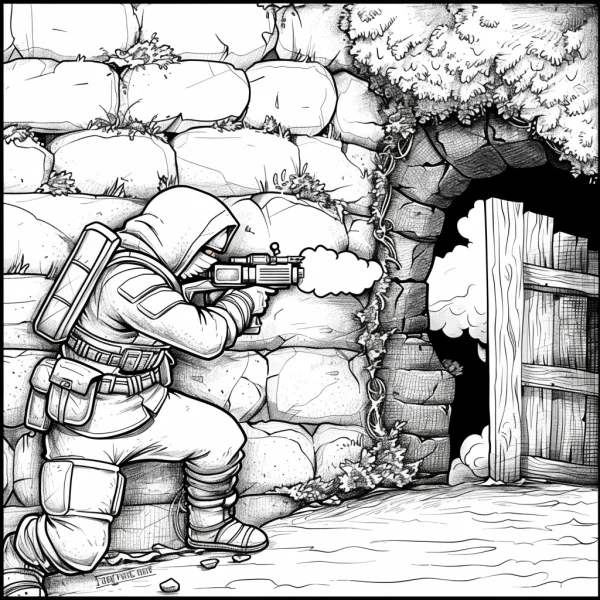 Sci-fi soldier shooting with gun, sci-fi military style — free printable military coloring book page
