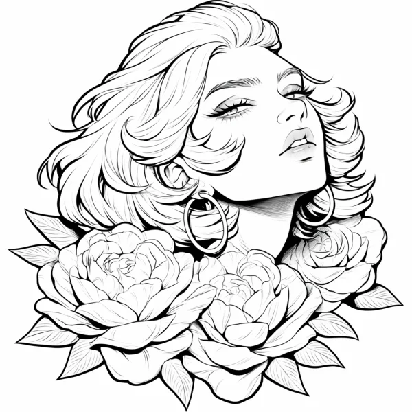 Curly-haired girl with large hoop earrings and roses, illustration style — free printable portrait coloring book page