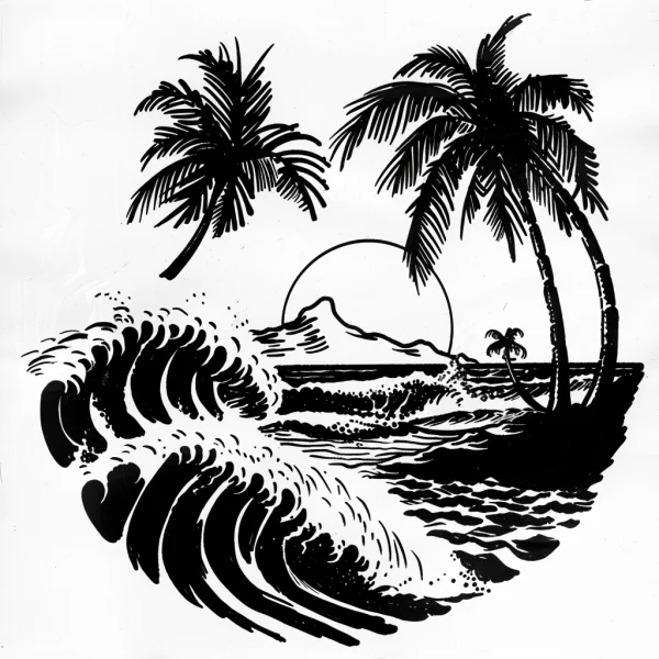 Tropical beach landscape with crashing waves and coconut trees, line art style — free printable tropical coloring book page