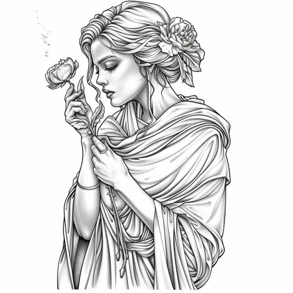 Elegant classical woman holding peony and rose, classical realistic style — free printable classical coloring book page