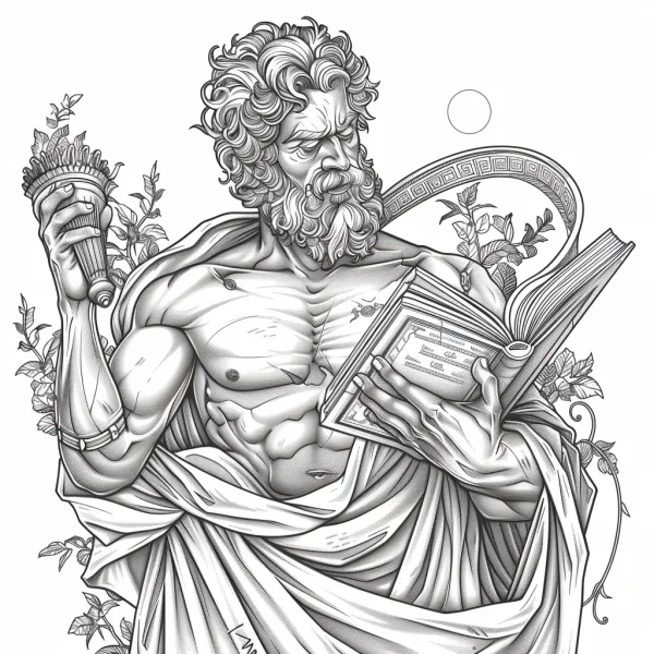 Greek mythological muscular male figure holding an open book and a goblet, classical realistic sketch style — free printable greek culture coloring book page