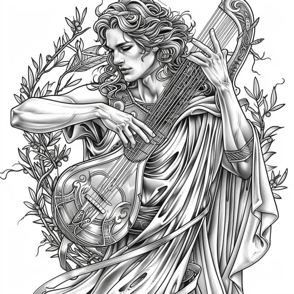 Greek mythological character playing lyre, realistic sketch style — free printable greek culture coloring book page