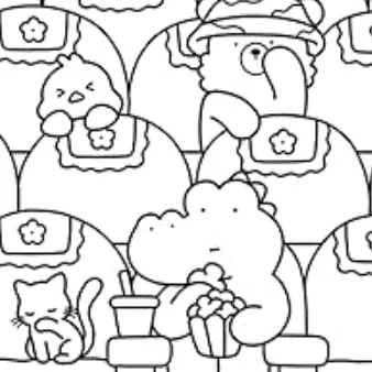 Cute cartoon animals watching movie in cinema, dinosaur holding popcorn bucket — free printable entertainment coloring book page