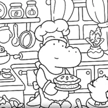 Cute cartoon hippo chef holding a pie, kitchen scene with a little chick — free printable kitchen coloring book page