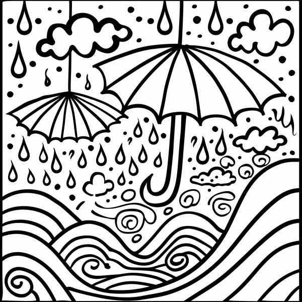 Umbrellas in rainy day with waves and clouds, line art style — free printable rainy days coloring book page