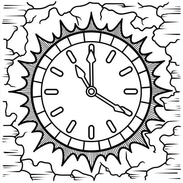 Radial spiky border clock, abstract style — free printable time coloring book page