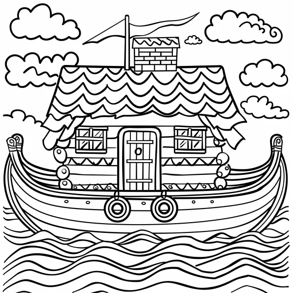 House boat on wavy water, cartoon style — free printable boats coloring book page