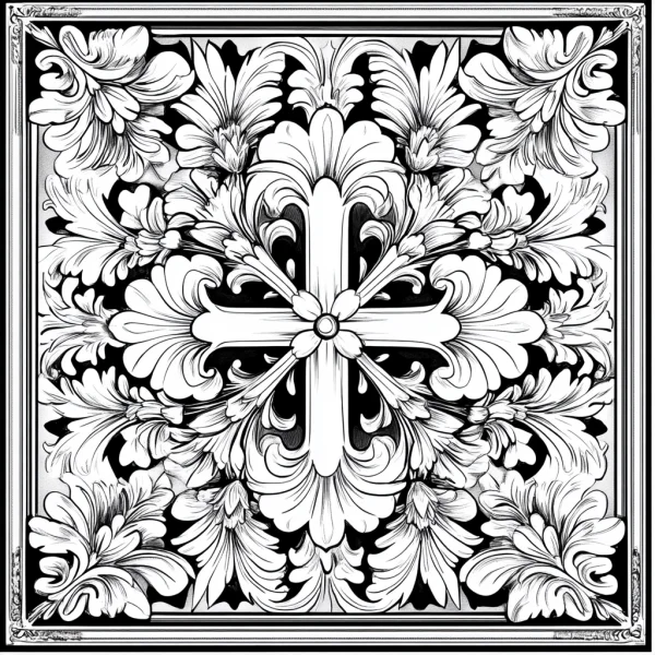 Ornate christian cross surrounded by baroque-style scrollwork and floral patterns, intricate symmetrical decorative design — free printable christianity coloring book page