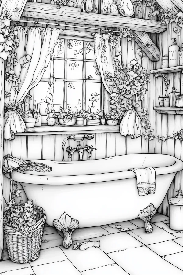 Coloring book page, cozy countryside bathroom with clawfoot bathtub — free printable natural plants coloring book page