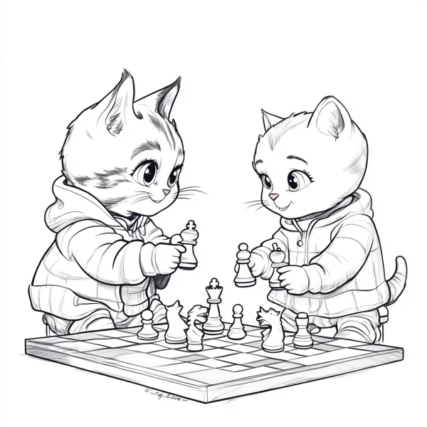 Anthropomorphic cute cats playing chess, cartoon style — free printable puzzles coloring book page
