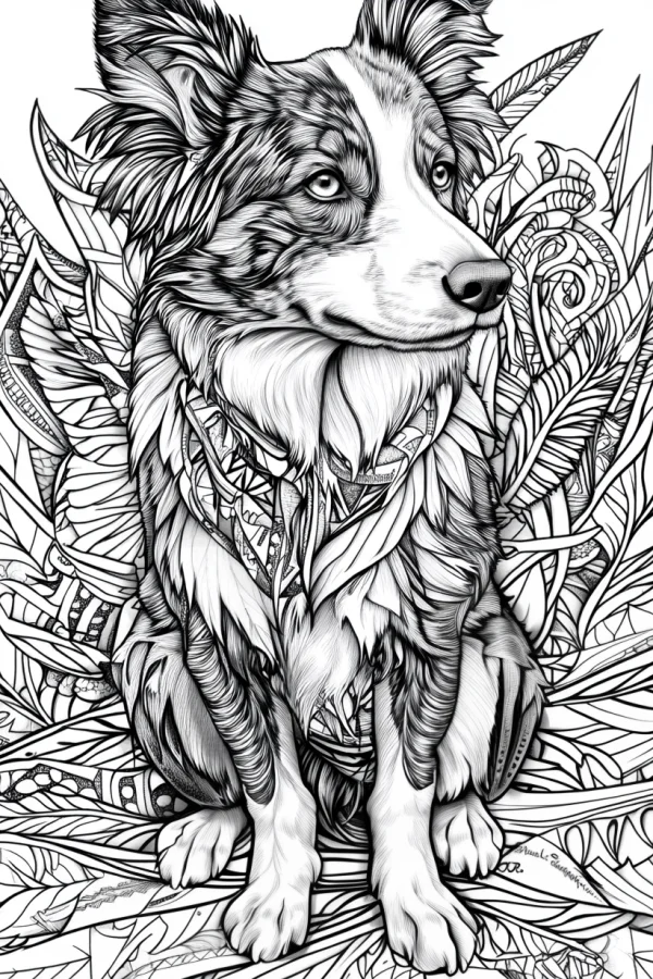 Tribal style border collie with patterned bandana, surrounded by intricate tribal feather and leaf patterns — free printable tribal culture coloring book page