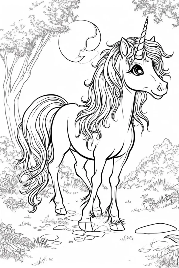 Cartoon unicorn in a forest, fairy tale cartoon style — free coloring book page