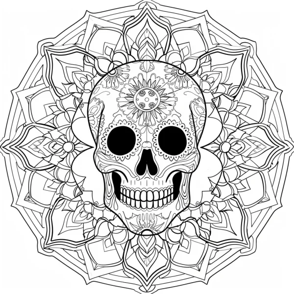 Day of the dead sugar skull in mandala frame, intricate floral and symmetric patterns — free printable mandala art coloring book page