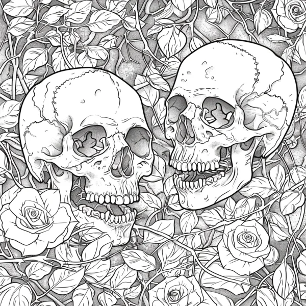Two horror skulls surrounded by intricate rose vines and leaves, gothic style — free printable goth culture coloring book page