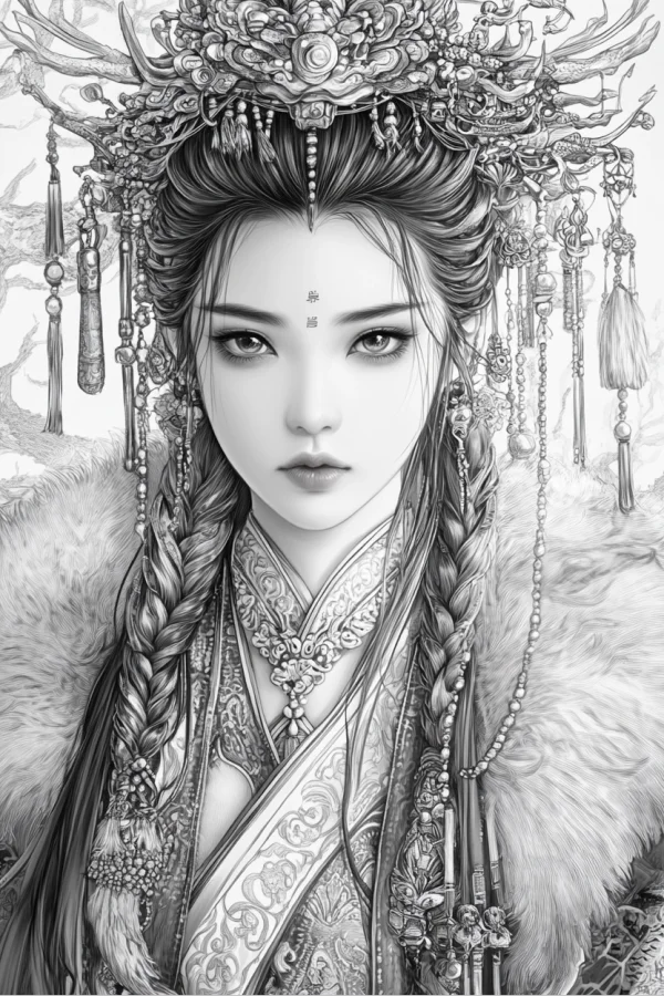 Elegant ancient chinese noble woman with luxurious headdress, chinese ancient style — free printable ancient style coloring book page