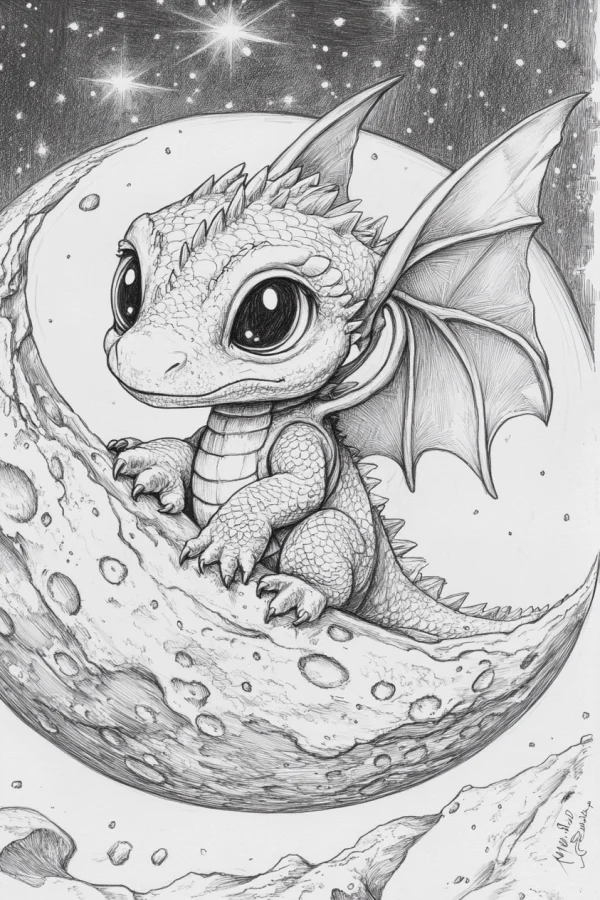 Coloring book page, cute baby dragon sitting on a crescent moon — free printable moon coloring book page