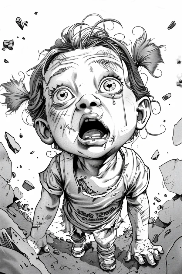 Injured crying cartoon girl in ruins, dark cartoon style — free printable disaster coloring book page