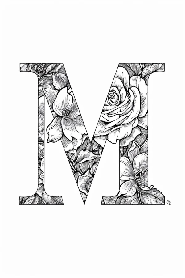 Letter m decorated with intricate flowers and roses, fine clean outlines — free printable letter design coloring book page