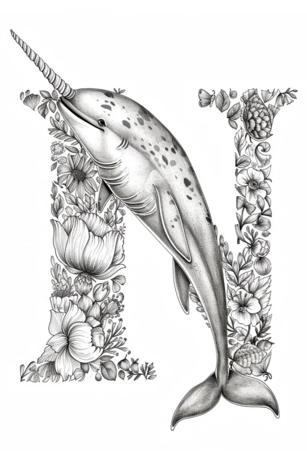 Coloring book page, narwhal integrated with floral letter n — free printable letter art coloring book page