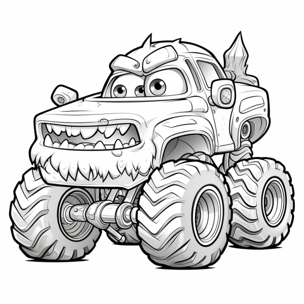 Anthropomorphic monster truck, cartoon style — free printable vehicles coloring book page