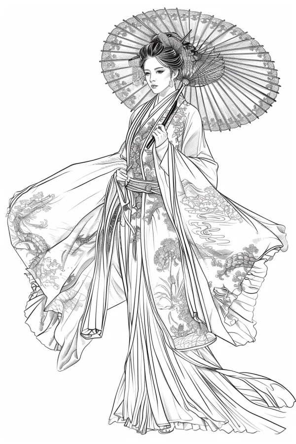 Elegant ancient chinese lady holding an oil paper umbrella, traditional chinese style — free printable historical figures coloring book page