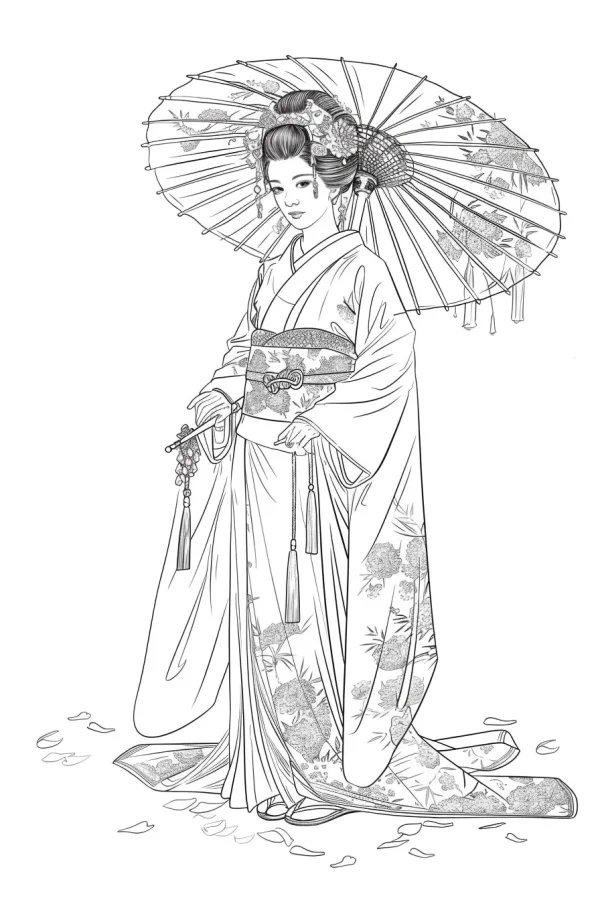 Japanese woman in traditional kimono holding an oiled paper umbrella, japanese style — free printable traditional culture coloring book page