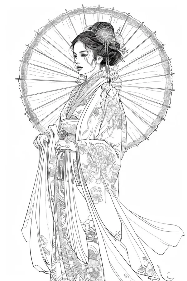 Japanese woman in traditional kimono holding oiled paper umbrella, japanese style — free printable traditional clothing coloring book page
