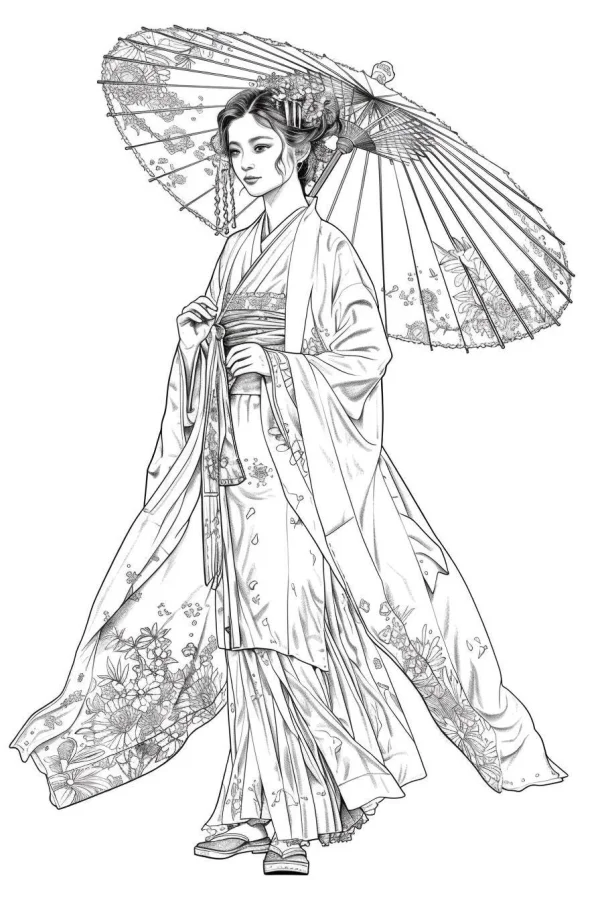 Japanese woman in traditional kimono holding an oiled paper umbrella, japanese style — free printable cultural theme coloring book page
