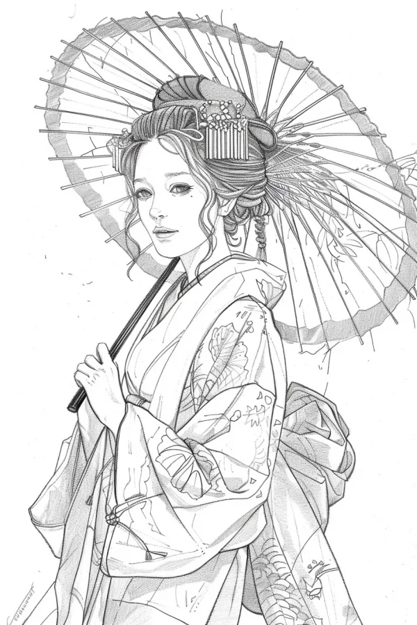 Japanese girl in traditional kimono holding oiled paper umbrella, japanese style — free printable traditional culture coloring book page