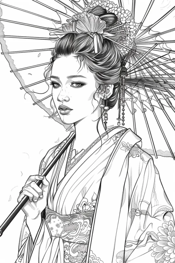 Japanese woman in kimono holding oiled paper umbrella, japanese traditional style — free printable traditional clothing coloring book page