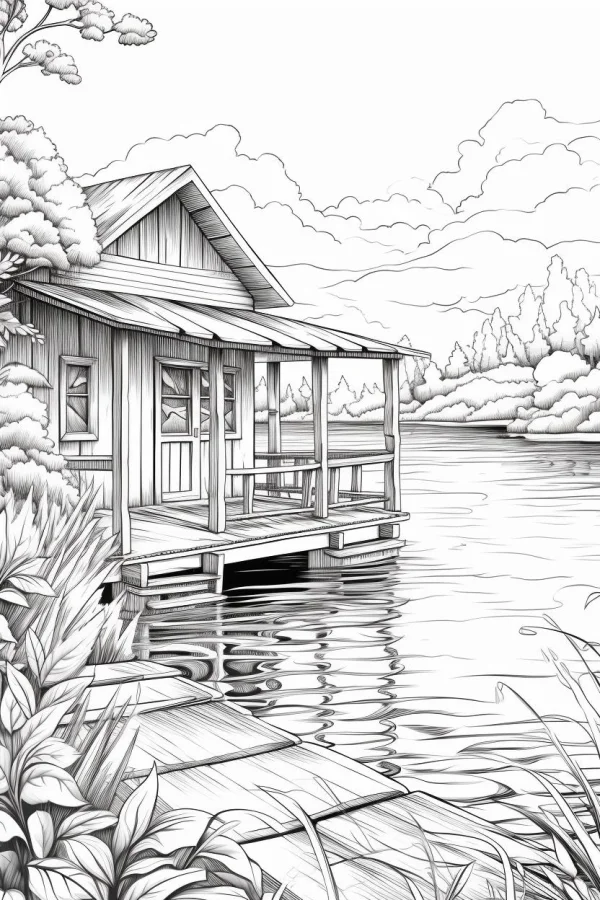 Coloring book page, lakeside wooden cabin — free printable rural leisure coloring book page