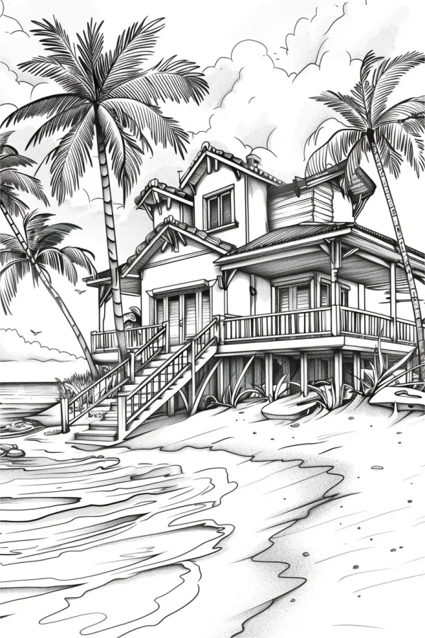 Seaside vacation house, realistic line art style — free printable tropical style coloring book page