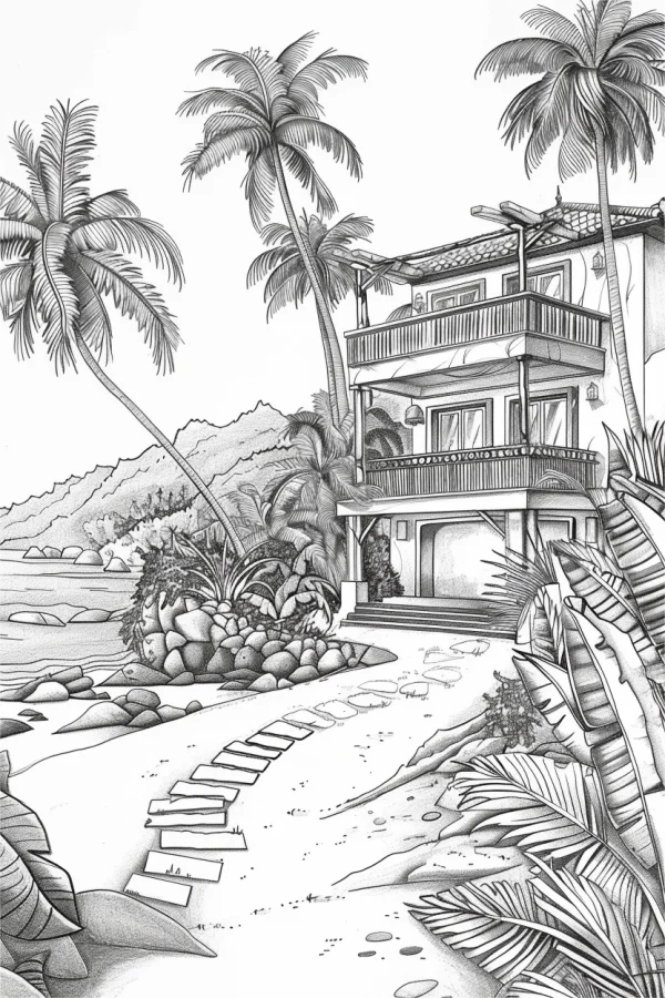 Coloring book page, seaside vacation cottage surrounded by tropical palm trees — free printable beach vacation coloring book page