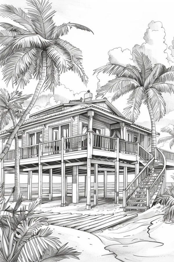 Tropical beach vacation cottage, realistic illustration style — free printable tropical plants coloring book page